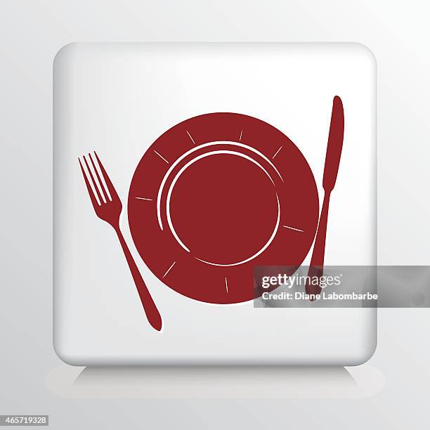 square icon with red plate, fork and knife silhouette - red square plate stock illustrations