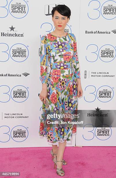 Actress Rinko Kikuchi arrives at the 2015 Film Independent Spirit Awards on February 21, 2015 in Santa Monica, California.