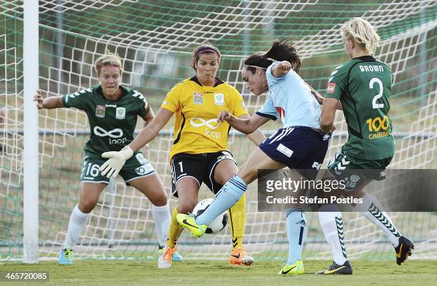 Emma Kete of Sydney FC takes a shot at goal during the round three W-League match between Canberra United and Sydney United at McKellar Park on...