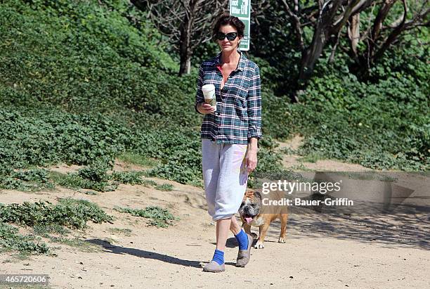 Janice Dickinson is seen with her Chocolate Labrador and Bulldog named Lloyd on March 09, 2015 in Los Angeles, California.