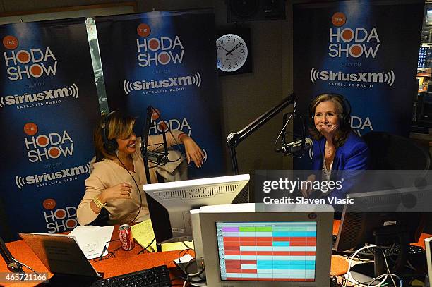 Personality/radio host Hoda Kotb and journalist/TV personality Meredith Vieira visit 'The Hoda Show' at SiriusXM Studios on March 9, 2015 in New York...