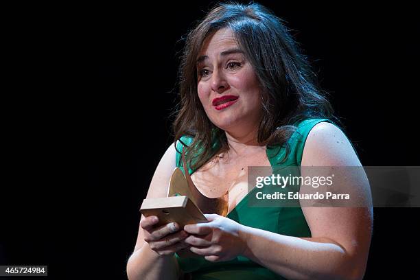 Actress Inma Cuevas holds the award for Best Actor in a Leading Role Award in the play 'Constelaciones' during the 24th Union de actores Awards...