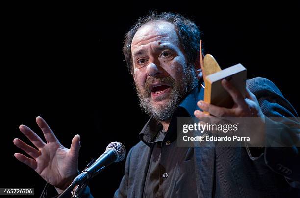 Actor Karra Elejalde holds the award for Best Supporting Actor Award in the film 'Ocho apellidos vascos' during the 24th Union de actores Awards...