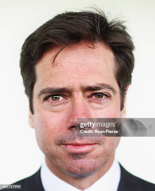 Gillon McLachlan, CEO of the AFL, poses during the Greater Western Sydney Giants AFL media session at Sydney Olympic Park Sports Centre on March 10,...