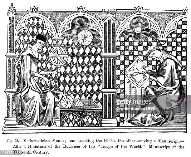 ilustraciones, imágenes clip art, dibujos animados e iconos de stock de matemático monjes medievales. - escriba