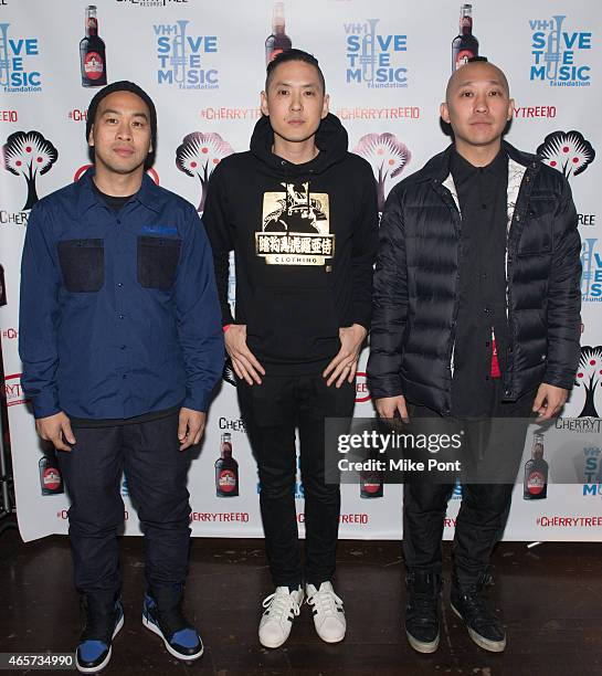 Virman, Kev Nish, and Prohgress of the group Far East Movement attend the Cherrytree Records 10th Anniversary at Webster Hall on March 9, 2015 in New...