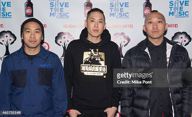 Virman, Kev Nish, and Prohgress of the group Far East Movement attend the Cherrytree Records 10th Anniversary at Webster Hall on March 9, 2015 in New...