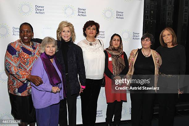 Nozizwe Madlala-Routledge, Robin Morgan, Jane Fonda, Mouna Ghanem, Najia Karimi, Jessica Neuwirth and Gloria Steinem attend the launch party of Donor...
