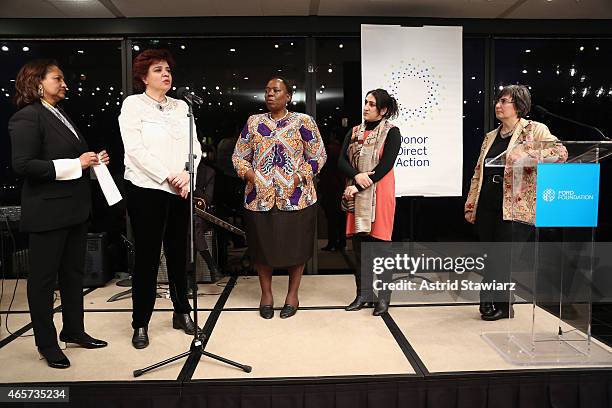 Hibaaq Osman, Mouna Ghanem, Nozizwe Madlala-Routledge, Najia Karimi and Jessica Neuwirth are seen on stage during the launch party of Donor Direct...