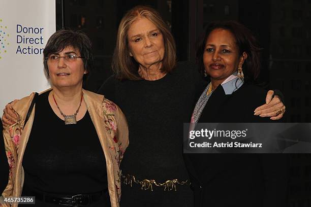 Jessica Neuwirth, Gloria Steinem and Hibaaq Osman attend the launch party of Donor Direct Action at Ford Foundation on March 9, 2015 in New York City.