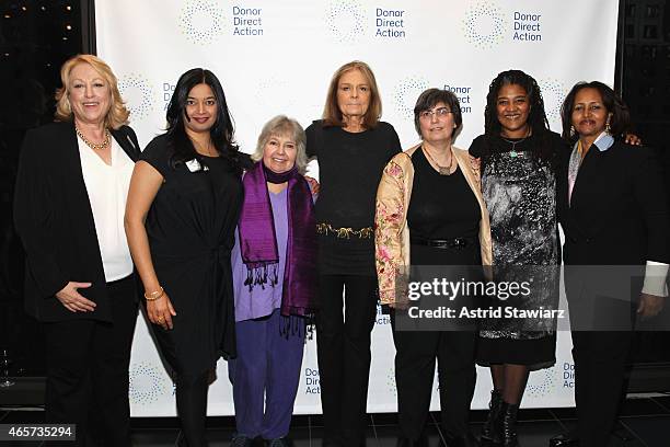 Jane Levikow, Lina Srivastava, Robin Morgan, Gloria Steinem, Jessica Neuwirth, Lynn Nottage and Hibaaq Osman attend the launch party of Donor Direct...