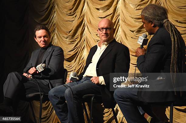 Author Lawrence Wright, writer/director Alex Gibney and Film Independent curator Elvis Mitchell participate in a panel discussion at Film Independent...