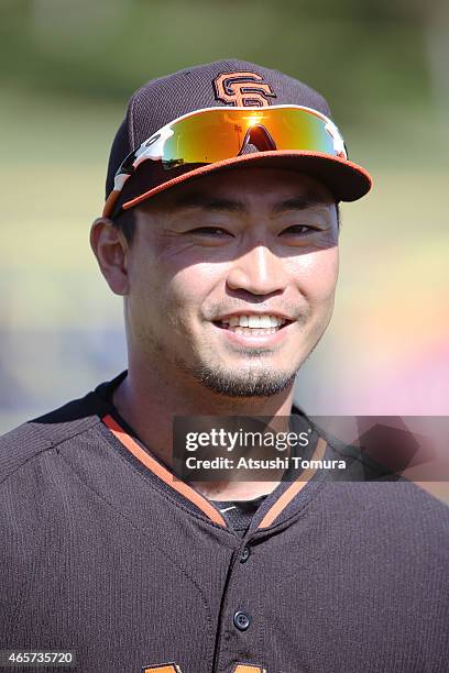 Norichika Aoki of the San Francisco Giants smiles during the spring training game between the San Francisco Giants and Los Angeles Dodgers at...