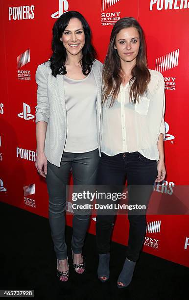 Actresses Kyra Zagorsky and Jordan Hayes attend the PlayStation & Sony Pictures Television series premiere of "POWERS" at Sony Pictures Studios on...