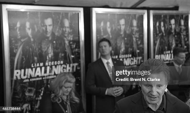 Actor Liam Neeson speaks with the media during the "Run All Night" New York Premiere at AMC Lincoln Square Theater on March 9, 2015 in New York City.