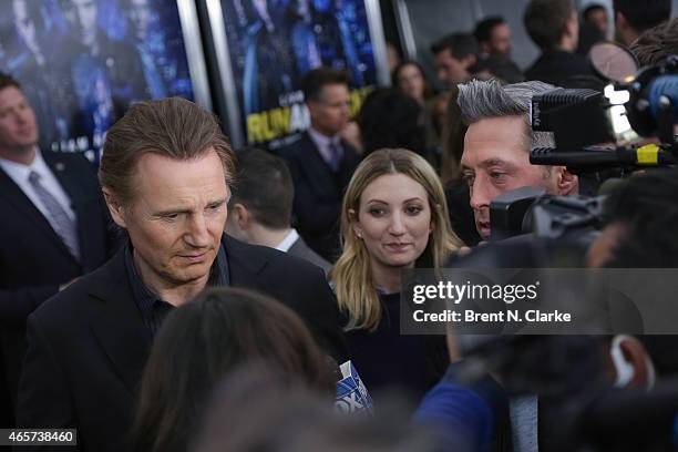 Actor Liam Neeson speaks with the media during the "Run All Night" New York Premiere at AMC Lincoln Square Theater on March 9, 2015 in New York City.