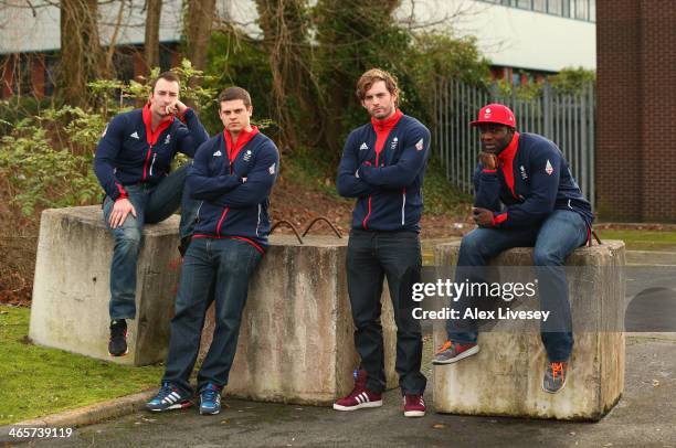 John Baines, Craig Pickering, Ben Simons and Lamin Deen of the GBR2 Great Britain Bobsleigh team pose for a group picture during the kitting out day...