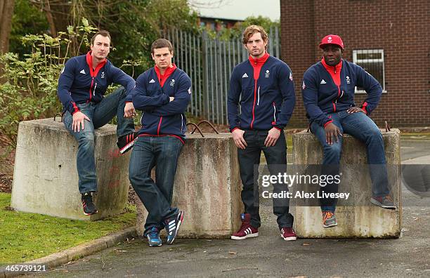 John Baines, Craig Pickering, Ben Simons and Lamin Deen of the GBR2 Great Britain Bobsleigh team pose for a group picture during the kitting out day...