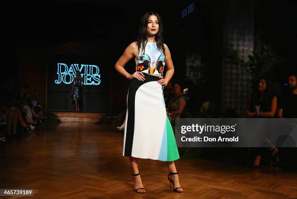 Jessica Gomes showcases designs by Josh Goot at the David Jones A/W 2014 Collection Launch at the David Jones Elizabeth Street Store on January 29,...