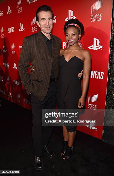 Actors Sharlto Copley and Susan Heyward attend the series premiere of Sony Television's "Powers" at Sony Pictures Studios on March 9, 2015 in Culver...
