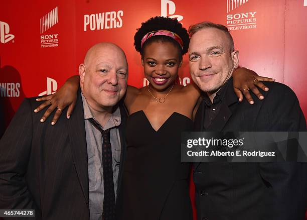 Executive producer Brian Michael Bendis, actress Susan Heyward and executive producer Michael Avon Oeming attend the series premiere of Sony...