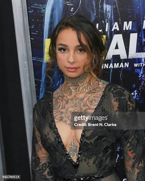 Tattoo model Cleo Wattenstrom arrives for the "Run All Night" New York Premiere at AMC Lincoln Square Theater on March 9, 2015 in New York City.