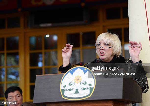 German Vice President of the Bundestag Claudia Roth speaks in support of the Tibetan cause as the Sikyong, or Prime Minister of the exiled Central...