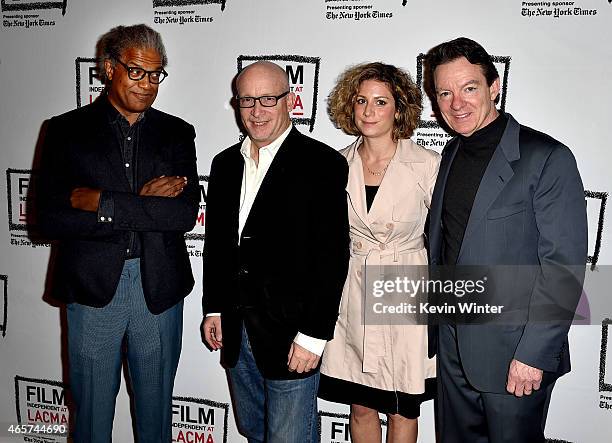 Elvis Mitchell, Film Independent Curator, writer/director Alex Gibney, Sara Bernstein, HBO, supervising producer and author Lawrence Wright pose at...