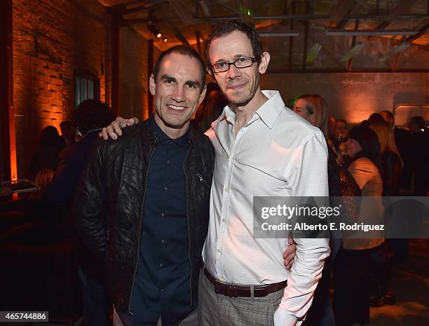 Actors Aaron Farb and Adam Godley attend the after party for the series premiere of Playstation & Sony Pictures Television's "Powers" at Sony...