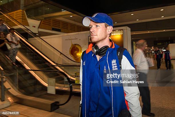 Eoin Morgan of the England cricket team arrives at Sydney Airport, after their defeat against Bangladesh in Adelaide knocked them out of the World...