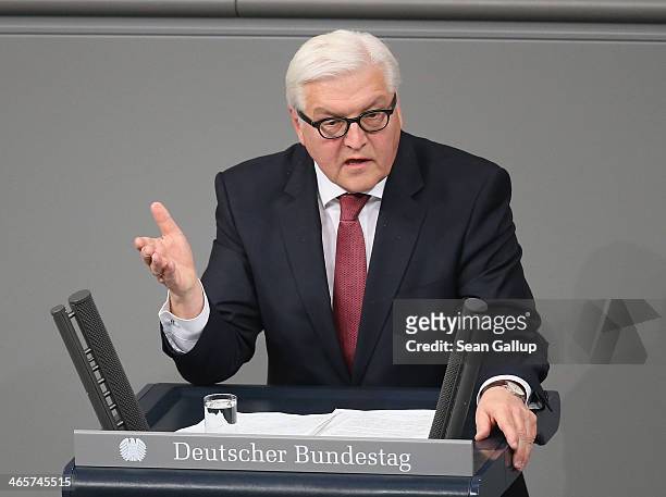 German Foreign Minister Frank-Walter Steinmeier speaks at the Bundestag during debates following a government declaration given by German Chancellor...