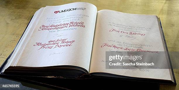 Signatures of Crown Princess Victoria of Sweden and Prince Daniel of Sweden are seen in the 'steelbook' of Essen during their visit in North...