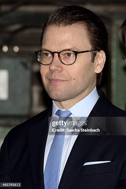 Prince Daniel of Sweden looks on prior he signs the 'steelbook' of Essen during his visit in North Rhine-Westphalia at Zeche Zollverein on January...