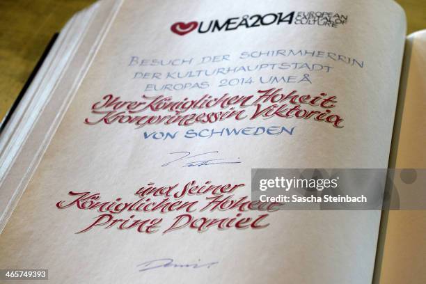 Signatures of Crown Princess Victoria of Sweden and Prince Daniel of Sweden are seen in the 'steelbook' of Essen during their visit in North...