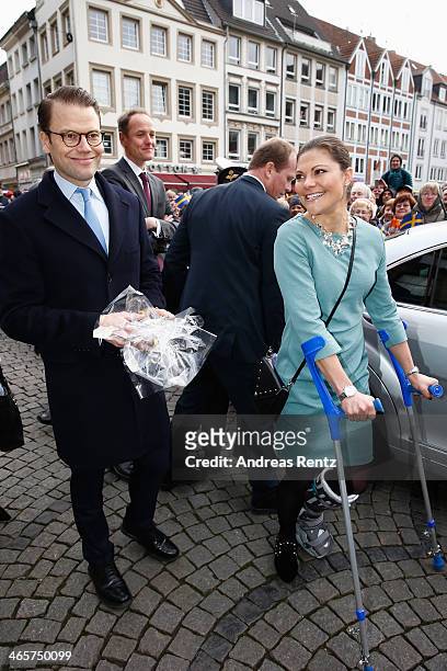 Crown Princess Victoria of Sweden and Prince Daniel of Sweden arrive at the town hall on January 29, 2014 in Dusseldorf, Germany.