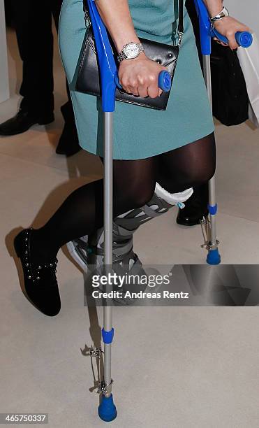 Detail shot of the crutches of Crown Princess Victoria of Sweden during her visit at the special exhibition 'Sweden at its best: Red Dot...