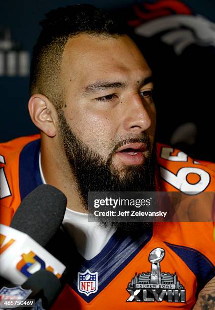 Louis Vasquez of the Denver Broncos speaks to the media during an availability January 29, 2014 in Jersey City, New Jersey. The Denver Broncos and...