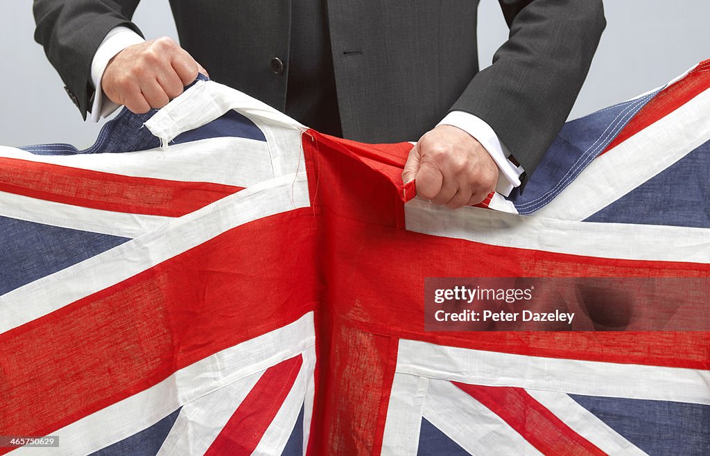 Man tearing Union Jack...
