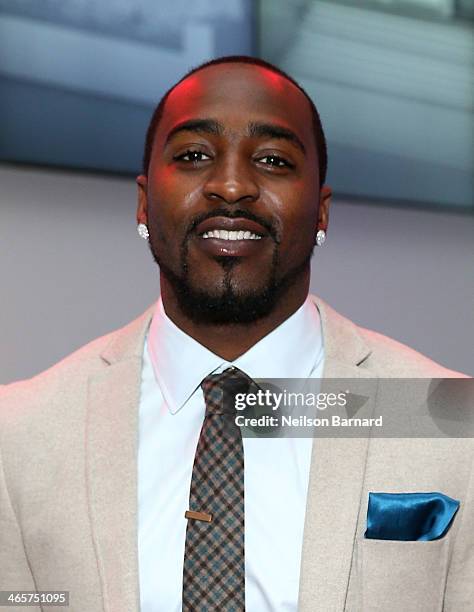 Player Hakeem Nicks attends the Verizon Power House First Look With NFL Stars Muhammad Wilkerson And Hakeem Nicks at Bryant Park on January 29, 2014...