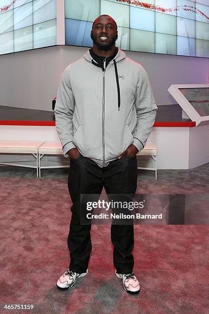 Player Muhammad Wilkerson attends the Verizon Power House First Look With NFL Stars Muhammad Wilkerson And Hakeem Nicks at Bryant Park on January 29,...