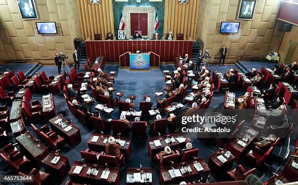 Iranian clerics and representatives attend the Iranian Assembly of Experts chairman election at the parliament in Tehran, Iran on March 10, 2015....
