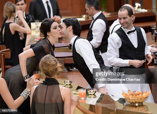 Kendall Jenner and Baptiste Giabicon attend the Chanel show as part of the Paris Fashion Week Womenswear Fall/Winter 2015/2016 on March 10, 2015 in...