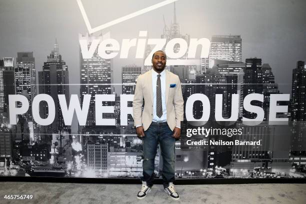 Player Hakeem Nicks attends the Verizon Power House First Look With NFL Stars Muhammad Wilkerson And Hakeem Nicks at Bryant Park on January 29, 2014...