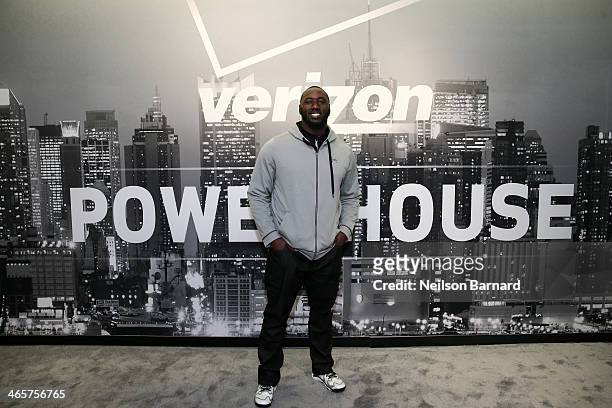 Player Muhammad Wilkerson attends the Verizon Power House First Look With NFL Stars Muhammad Wilkerson And Hakeem Nicks at Bryant Park on January 29,...