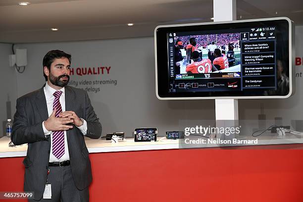 Verizon Vice President of Video Shawn Strickland speaks at the Verizon Power House First Look With NFL Stars Muhammad Wilkerson And Hakeem Nicks at...