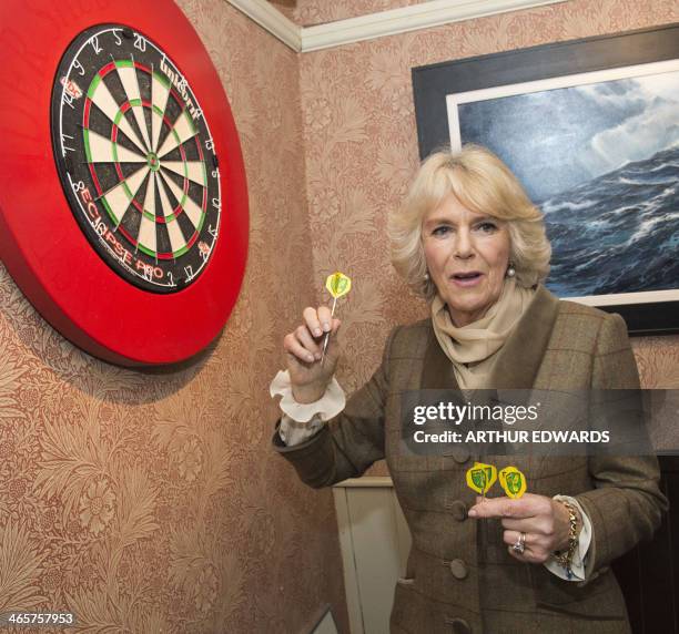 Camilla, The Duchess of Cornwall tries her hand at a game of darts during a visit to The Bell pub in Purleigh on January 29, 2014. AFP...