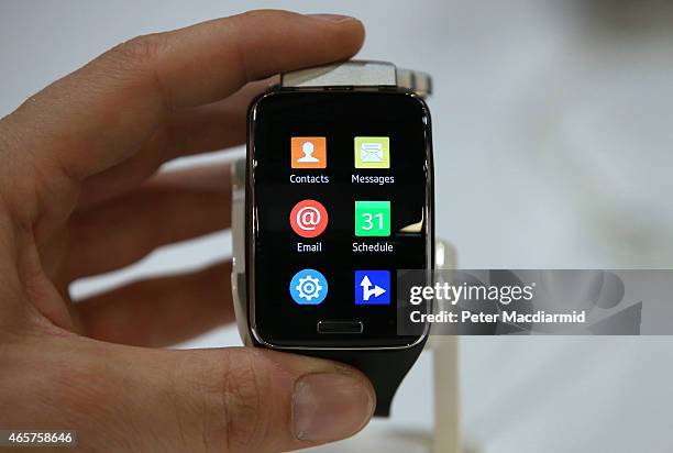 Samsung Galaxy Gear S smart watch displays its icons at The Wearable Technology Show 2015 at ExCel on March 10, 2015 in London, England. New...