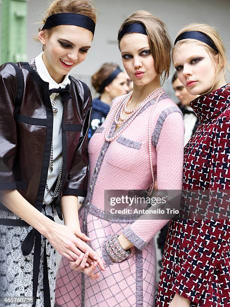 Models poses prior the Chanel show as part of the Paris Fashion Week Womenswear Fall/Winter 2015/2016 on March 10, 2015 in Paris, France.