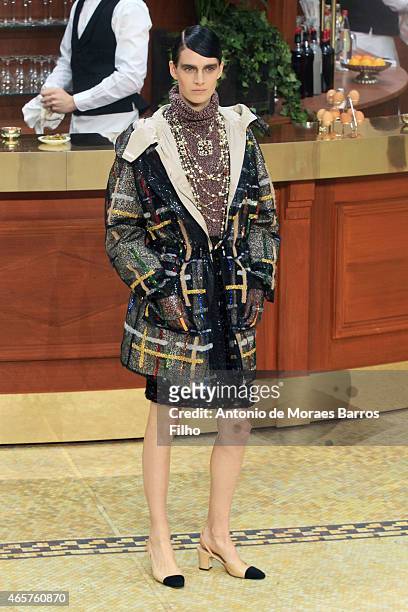 Model walks the runway during the Chanel show as part of the Paris Fashion Week Womenswear Fall/Winter 2015/2016 on March 10, 2015 in Paris, France