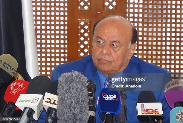 Yemen's President Abd Rabbuh Mansur Hadi holds a press conference as part the 'Consensus Building Talks' at the Presidency office in the city of Aden...